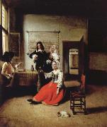 Weintrinkende woman in the middle of these men Pieter de Hooch